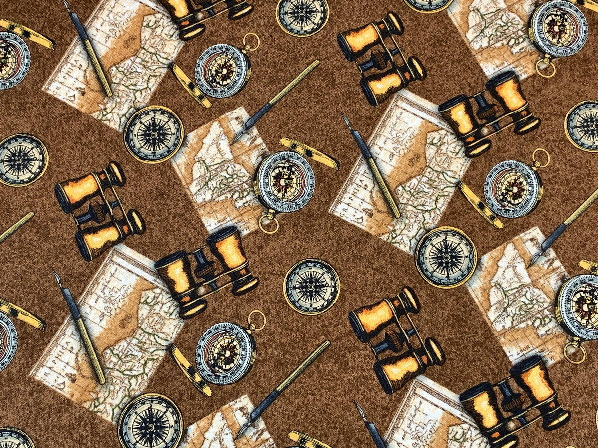 World Traveler Print Fabric Sold by the YARD. Expedition Pathfinder Travel Print in Chocolate. 100% Cotton for Quilting, Apparel, Home Decor