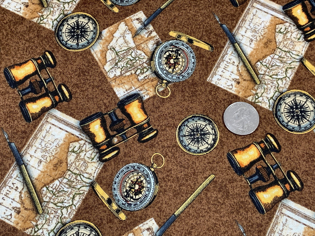 World Traveler Print Fabric Sold by the YARD. Expedition Pathfinder Travel Print in Chocolate. 100% Cotton for Quilting, Apparel, Home Decor