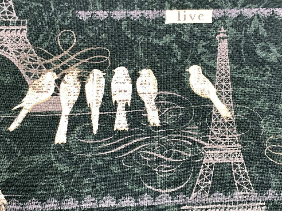 Paris, France Eiffel Tower, Birds on a Wire Fabric Sold by the YARD. Black White Gray Taupe 100% Cotton Fabric for quilting, apparel, decor.
