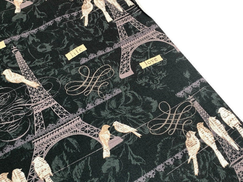 Paris, France Eiffel Tower, Birds on a Wire Fabric Sold by the YARD. Black White Gray Taupe 100% Cotton Fabric for quilting, apparel, decor.