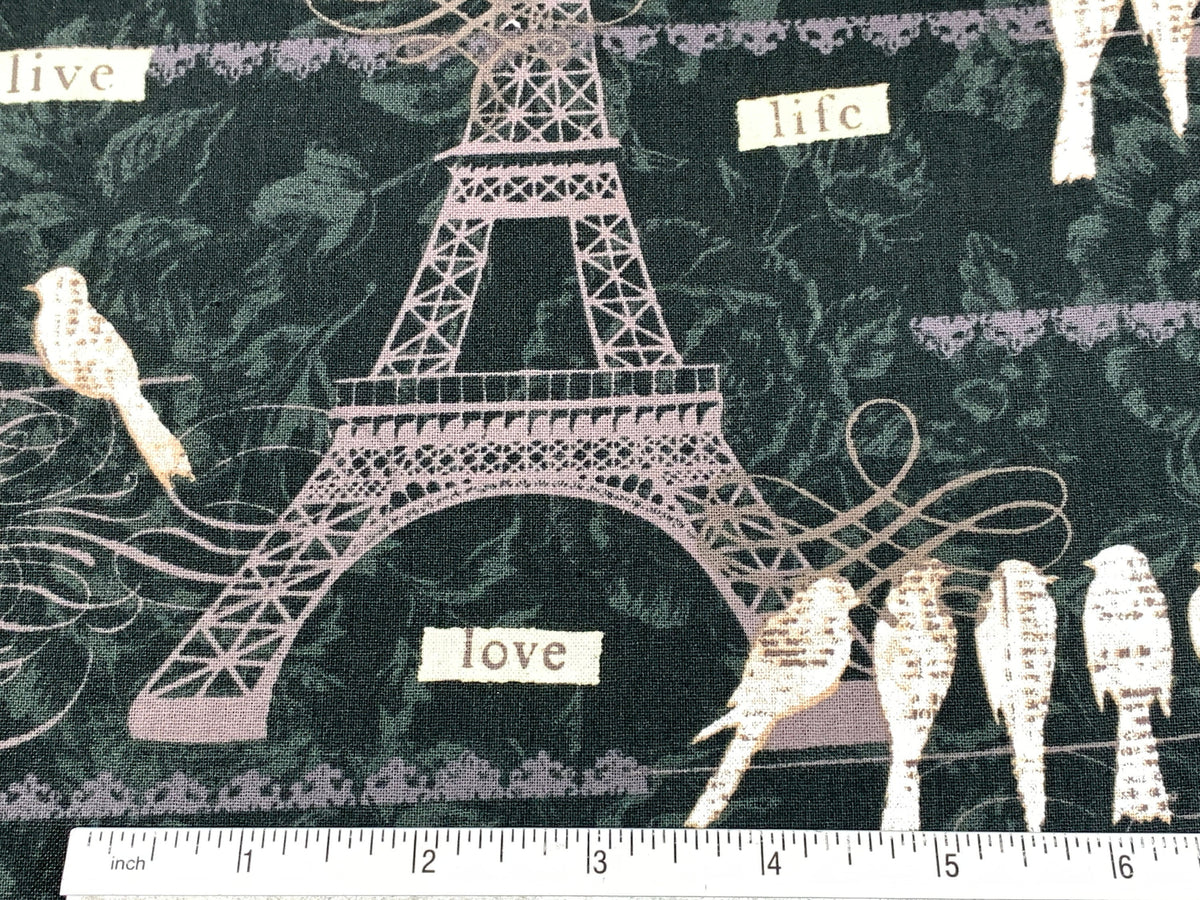 Paris, France Eiffel Tower, Birds on a Wire Fabric Sold by the YARD. Black White Gray Taupe 100% Cotton Fabric for quilting, apparel, decor.