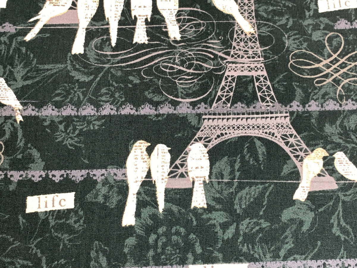 Paris, France Eiffel Tower, Birds on a Wire Fabric Sold by the YARD. Black White Gray Taupe 100% Cotton Fabric for quilting, apparel, decor.
