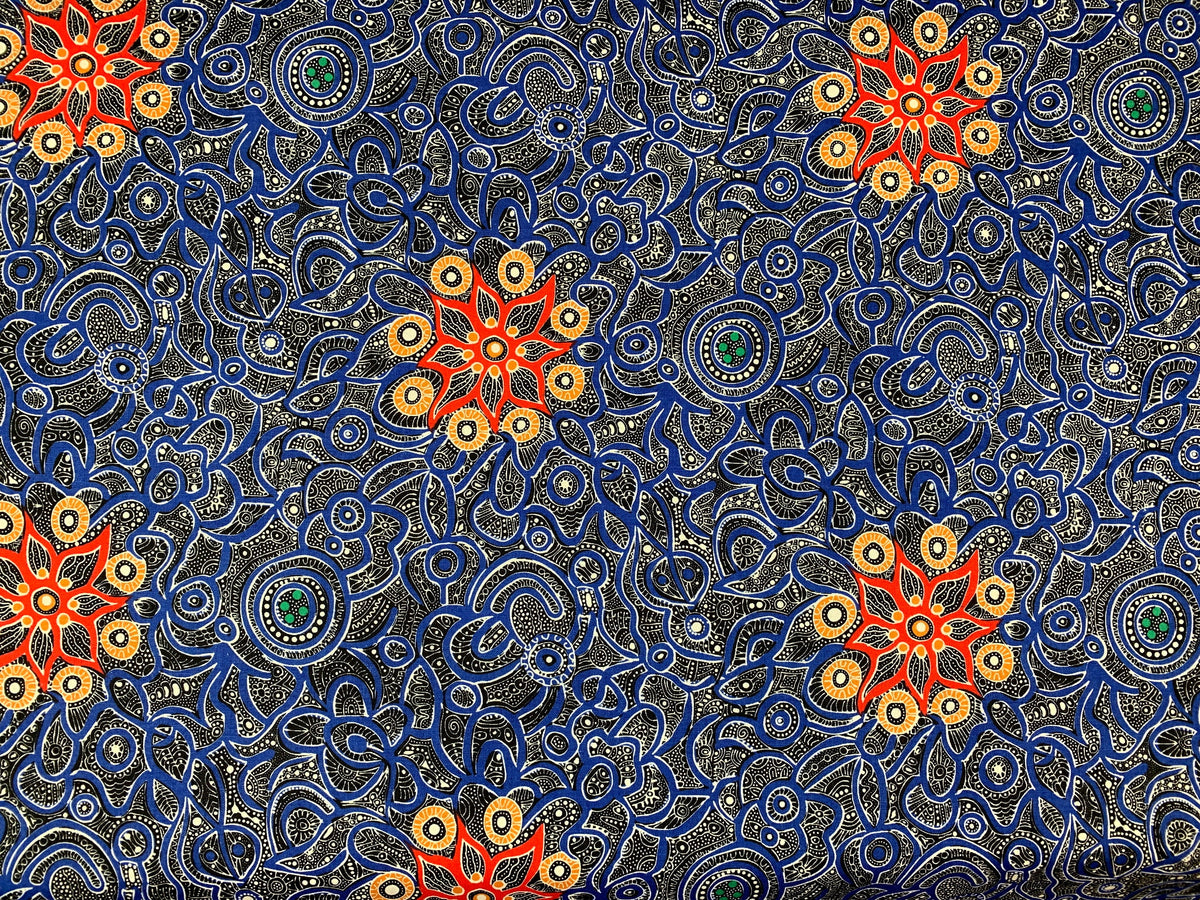 Australian Aboriginal Cotton Quilting Fabric by the YARD. M&S Textiles Yallaroo Blue. 100% Cotton for quilting, apparel, and home décor.