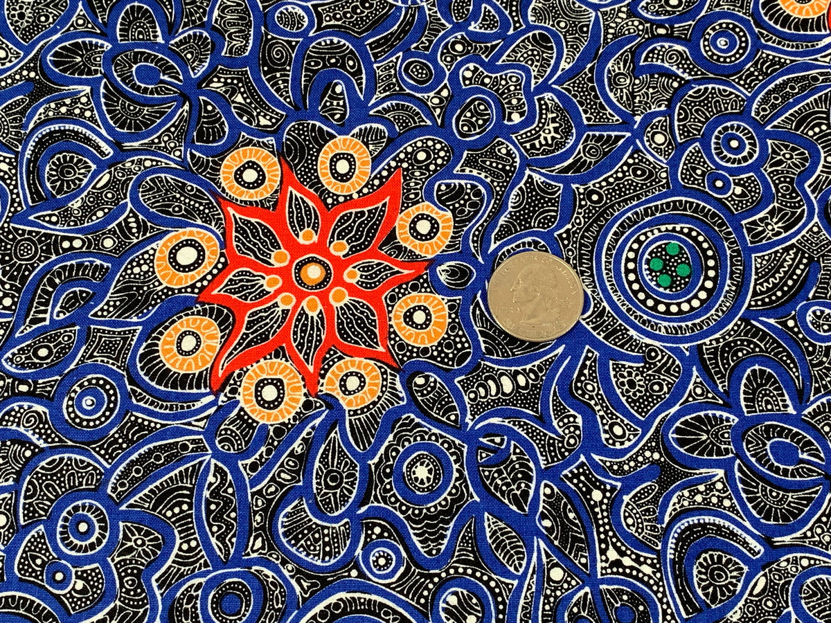 Australian Aboriginal Cotton Quilting Fabric by the YARD. M&S Textiles Yallaroo Blue. 100% Cotton for quilting, apparel, and home décor.
