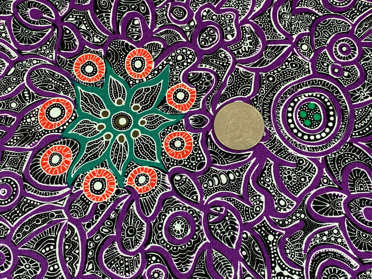 Australian Aboriginal Cotton Quilting Fabric by the YARD. M&S Textiles Yallaroo Purple. 100% Cotton for quilting, apparel, and home décor.