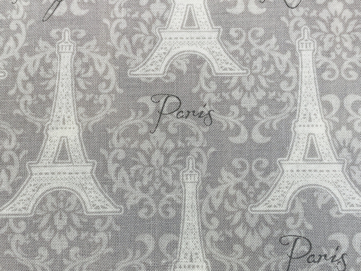 Eiffel Tower Gray on Gray Fabric Sold by the YARD. Paris, Merci Bonjour with Lacy Fleur De Lis. 100% Cotton Fabric for Quilting, Home Décor.