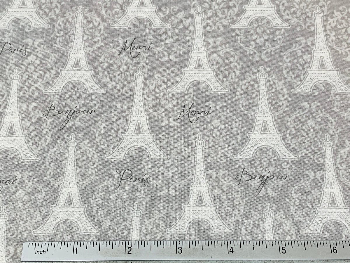 Eiffel Tower Gray on Gray Fabric Sold by the YARD. Paris, Merci Bonjour with Lacy Fleur De Lis. 100% Cotton Fabric for Quilting, Home Décor.