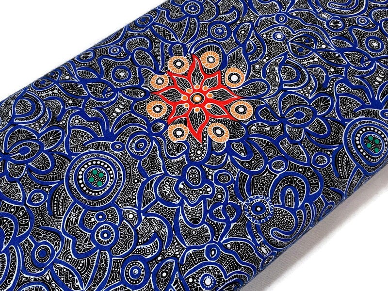 Australian Aboriginal Cotton Quilting Fabric by the YARD. M&S Textiles Yallaroo Blue. 100% Cotton for quilting, apparel, and home décor.