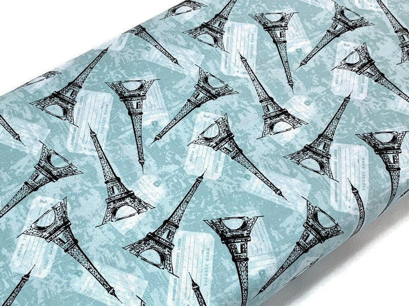 Paris, France--Tossed Eiffel Tower. Mint Green Fabric Sold by the YARD. World Traveler 100% Cotton Fabric for quilting, apparel, home décor