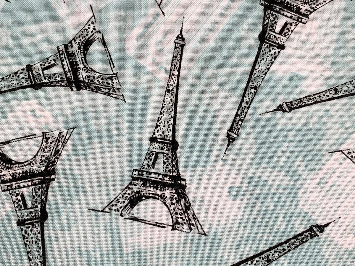 Paris, France--Tossed Eiffel Tower. Mint Green Fabric Sold by the YARD. World Traveler 100% Cotton Fabric for quilting, apparel, home décor
