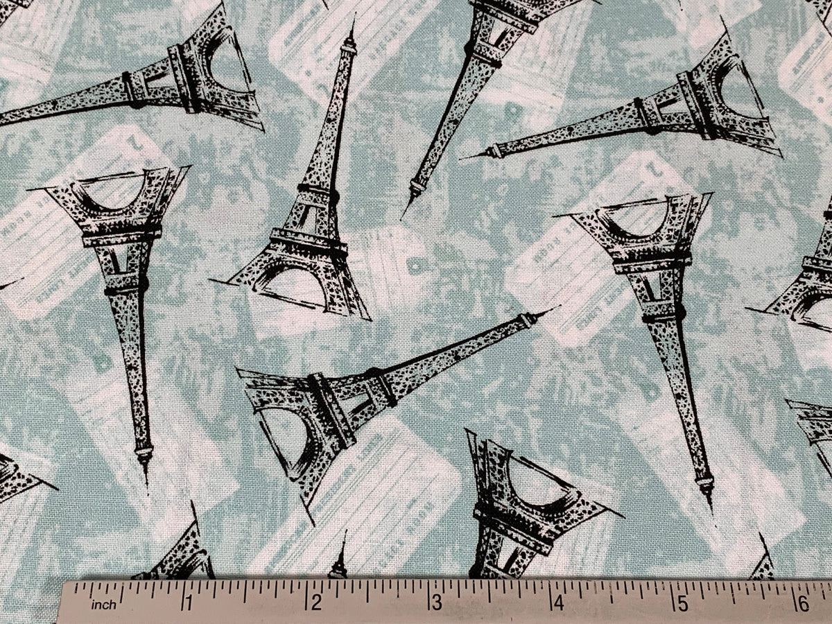 Paris, France--Tossed Eiffel Tower. Mint Green Fabric Sold by the YARD. World Traveler 100% Cotton Fabric for quilting, apparel, home décor