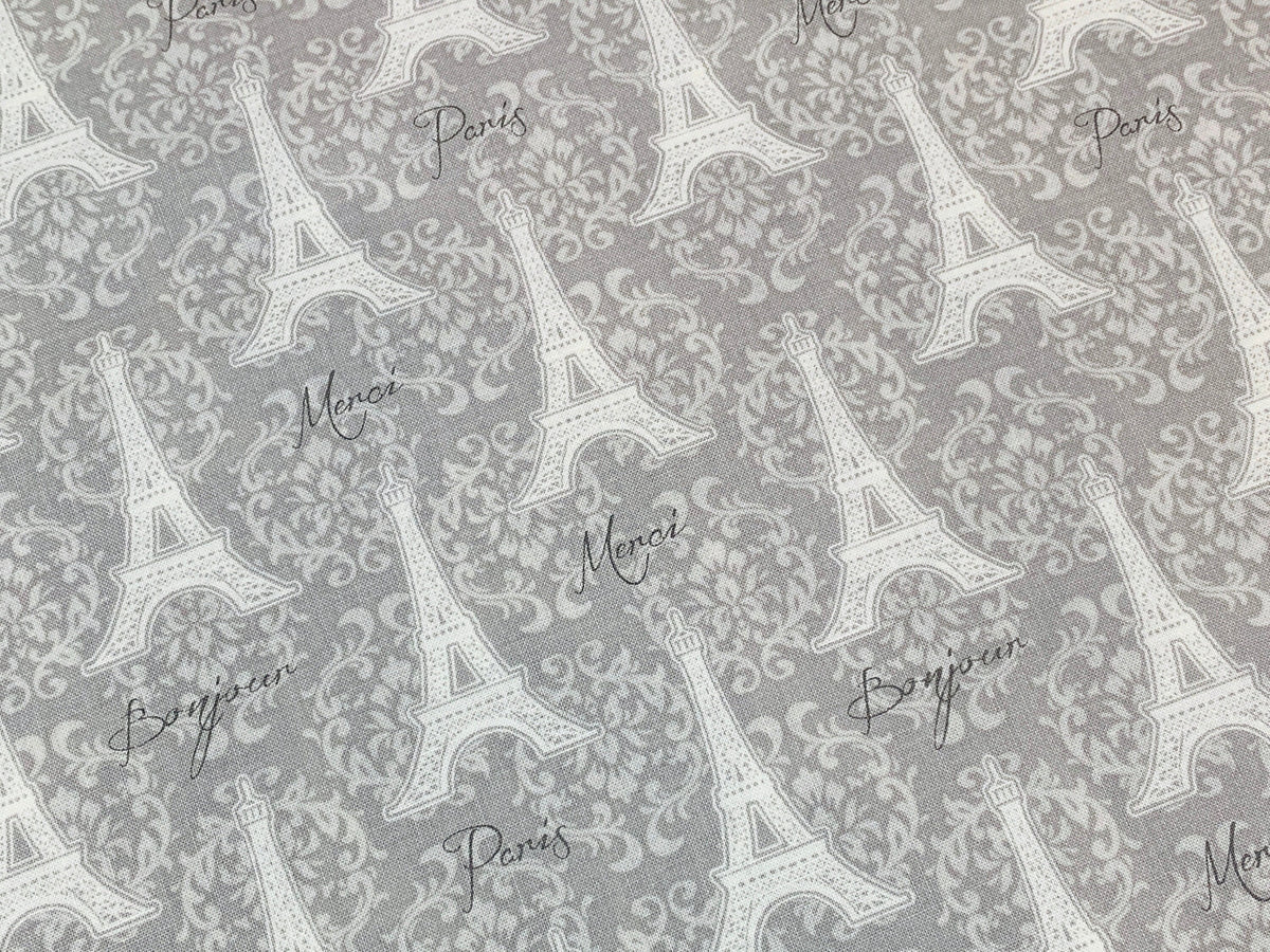 Eiffel Tower Gray on Gray Fabric Sold by the YARD. Paris, Merci Bonjour with Lacy Fleur De Lis. 100% Cotton Fabric for Quilting, Home Décor.