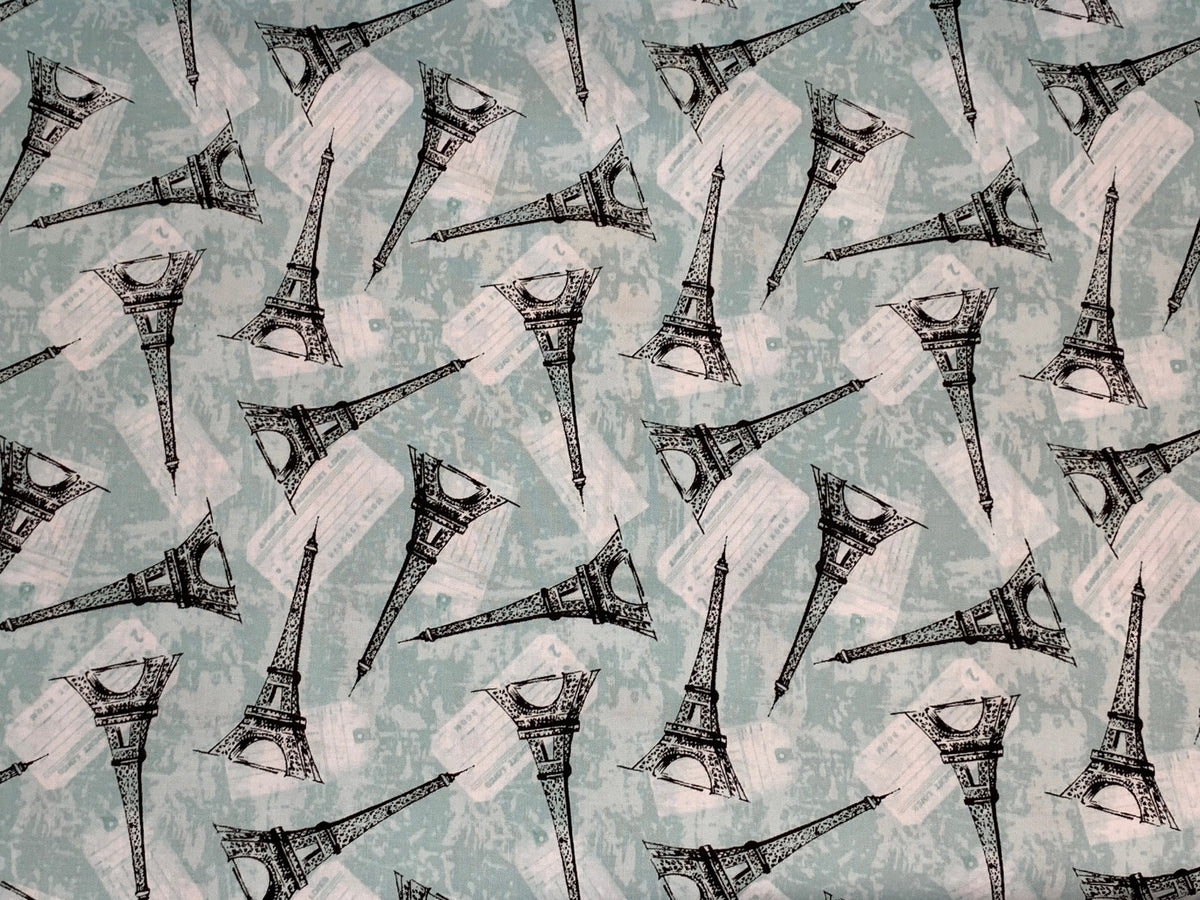 Paris, France--Tossed Eiffel Tower. Mint Green Fabric Sold by the YARD. World Traveler 100% Cotton Fabric for quilting, apparel, home décor