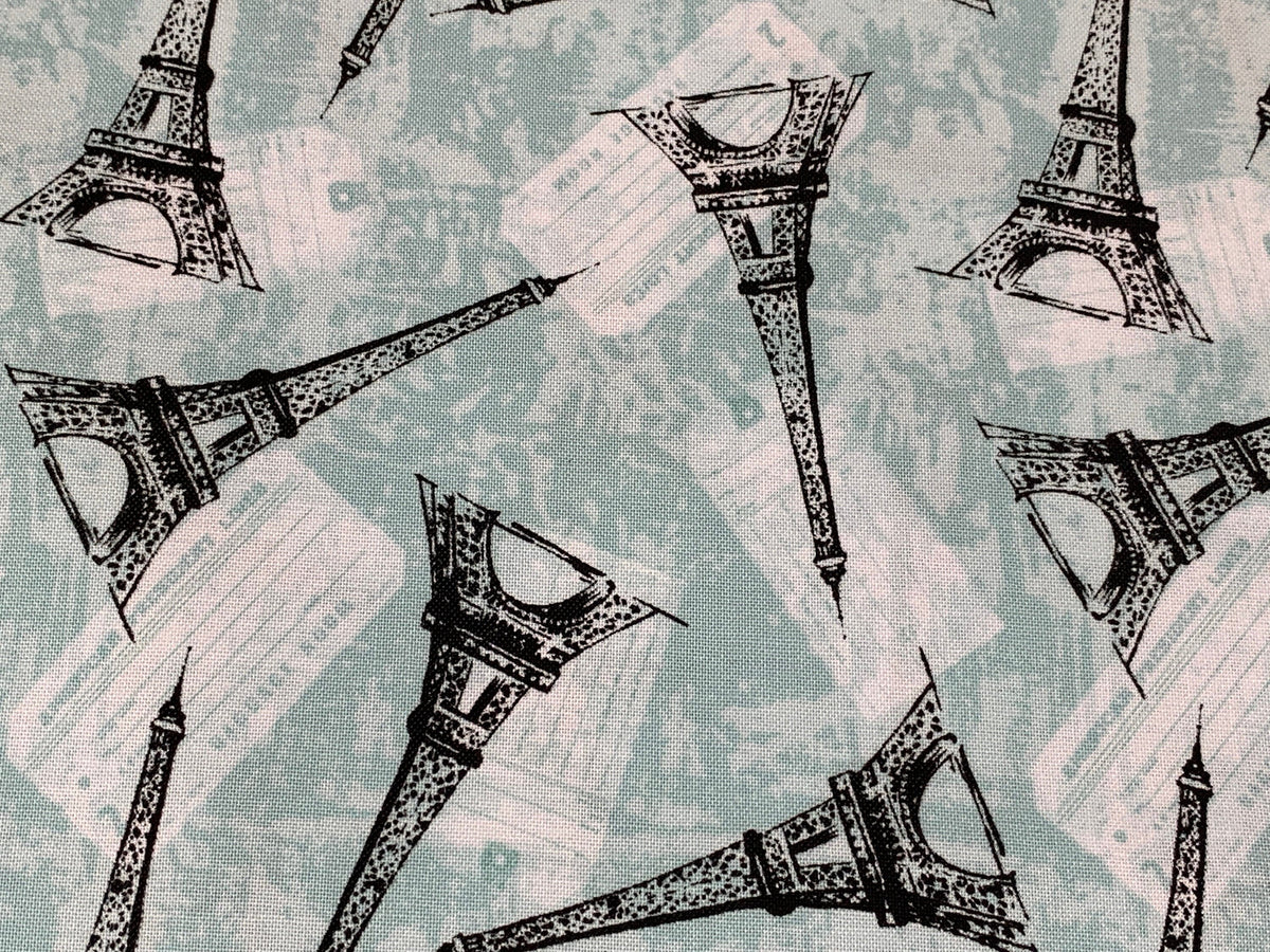 Paris, France--Tossed Eiffel Tower. Mint Green Fabric Sold by the YARD. World Traveler 100% Cotton Fabric for quilting, apparel, home décor