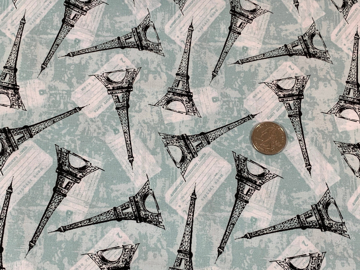 Paris, France--Tossed Eiffel Tower. Mint Green Fabric Sold by the YARD. World Traveler 100% Cotton Fabric for quilting, apparel, home décor