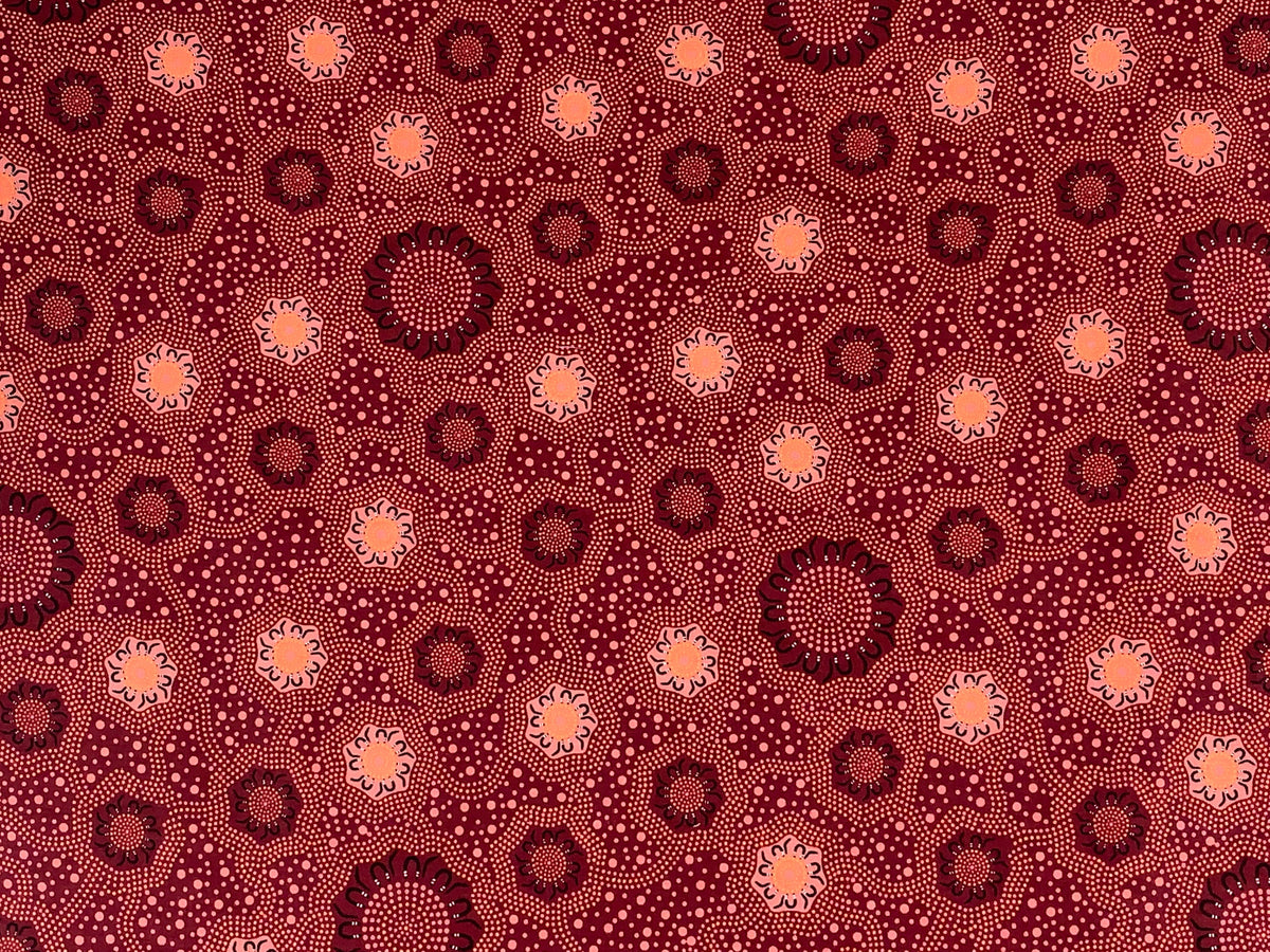 Australian Aboriginal Cotton Quilting Fabric by the YARD. M&S Textiles "Caming Ground Burgundy". For sewing, quilting, apparel, home décor.