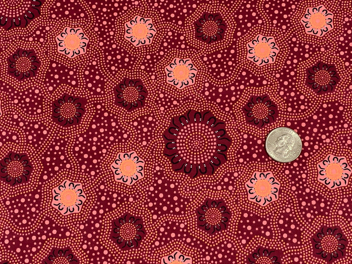 Australian Aboriginal Cotton Quilting Fabric by the YARD. M&S Textiles "Caming Ground Burgundy". For sewing, quilting, apparel, home décor.