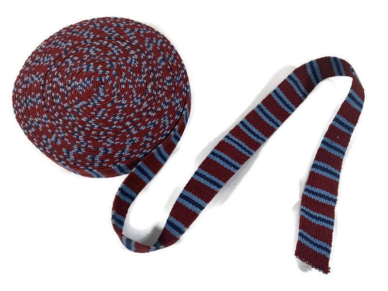 Hand Woven 1.25 Inch Wide Guatemalan Belt, Purse Strap, Sash by the YARD. 100% Cotton Mayan Toto Belt Textile in Maroon and Blue Stripes.