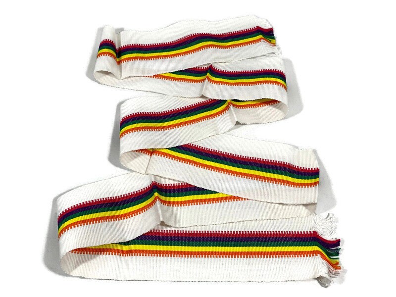 Guatemalan Mayan Handwoven Fabric for Sash, Belt, Strap, Decorative Trim with Fringe. Natural White & Pride Rainbow Stripe 3 inch x 64 inch.