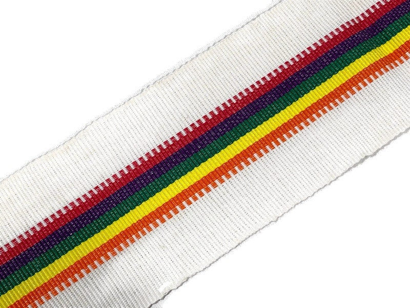 Guatemalan Mayan Handwoven Fabric for Sash, Belt, Strap, Decorative Trim with Fringe. Natural White & Pride Rainbow Stripe 3 inch x 64 inch.