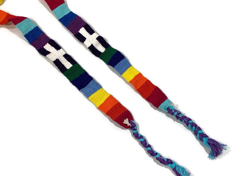 Guatemalan Hand Woven Belt--Rainbow with Crosses & Braided Tassel Ends. 1 Inch Wide x 48 Inch Long Cotton Mayan Toto Sash, Strap Textile.