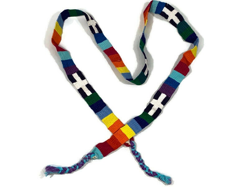 Guatemalan Hand Woven Belt--Rainbow with Crosses & Braided Tassel Ends. 1 Inch Wide x 48 Inch Long Cotton Mayan Toto Sash, Strap Textile.