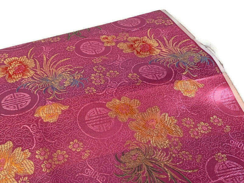 Chinese Brocade Embroidered Fabric by the YARD. Asian Style Satin Woven Fabric for Home Décor, Clothing, Craft. Pink Floral and Medallions.