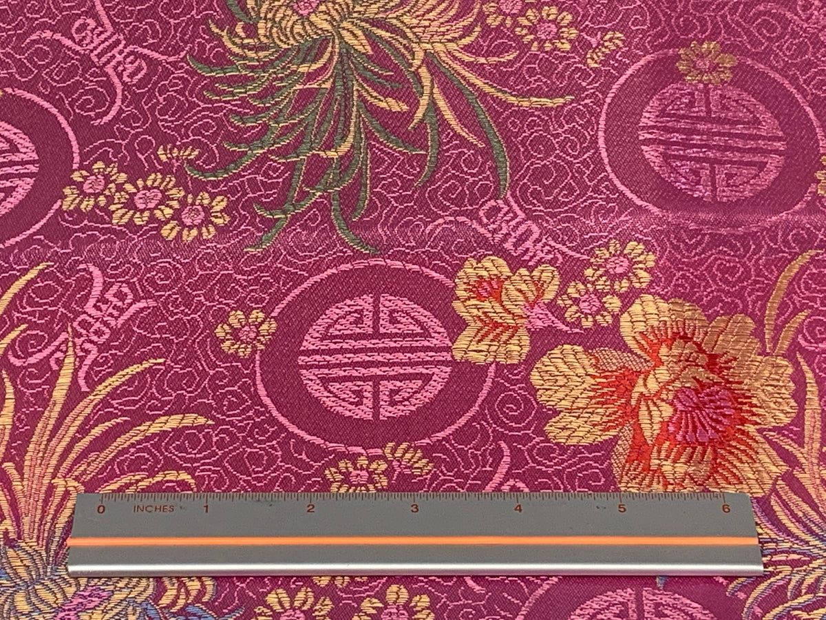 Chinese Brocade Embroidered Fabric by the YARD. Asian Style Satin Woven Fabric for Home Décor, Clothing, Craft. Pink Floral and Medallions.