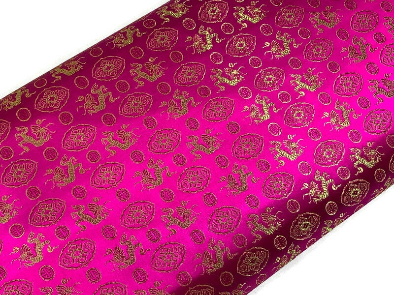 Chinese Brocade Embroidered Fabric by the YARD. Asian Satin Woven Fabric for Home Décor, Clothing, Craft. Pink/Gold Dragons & Medallions.