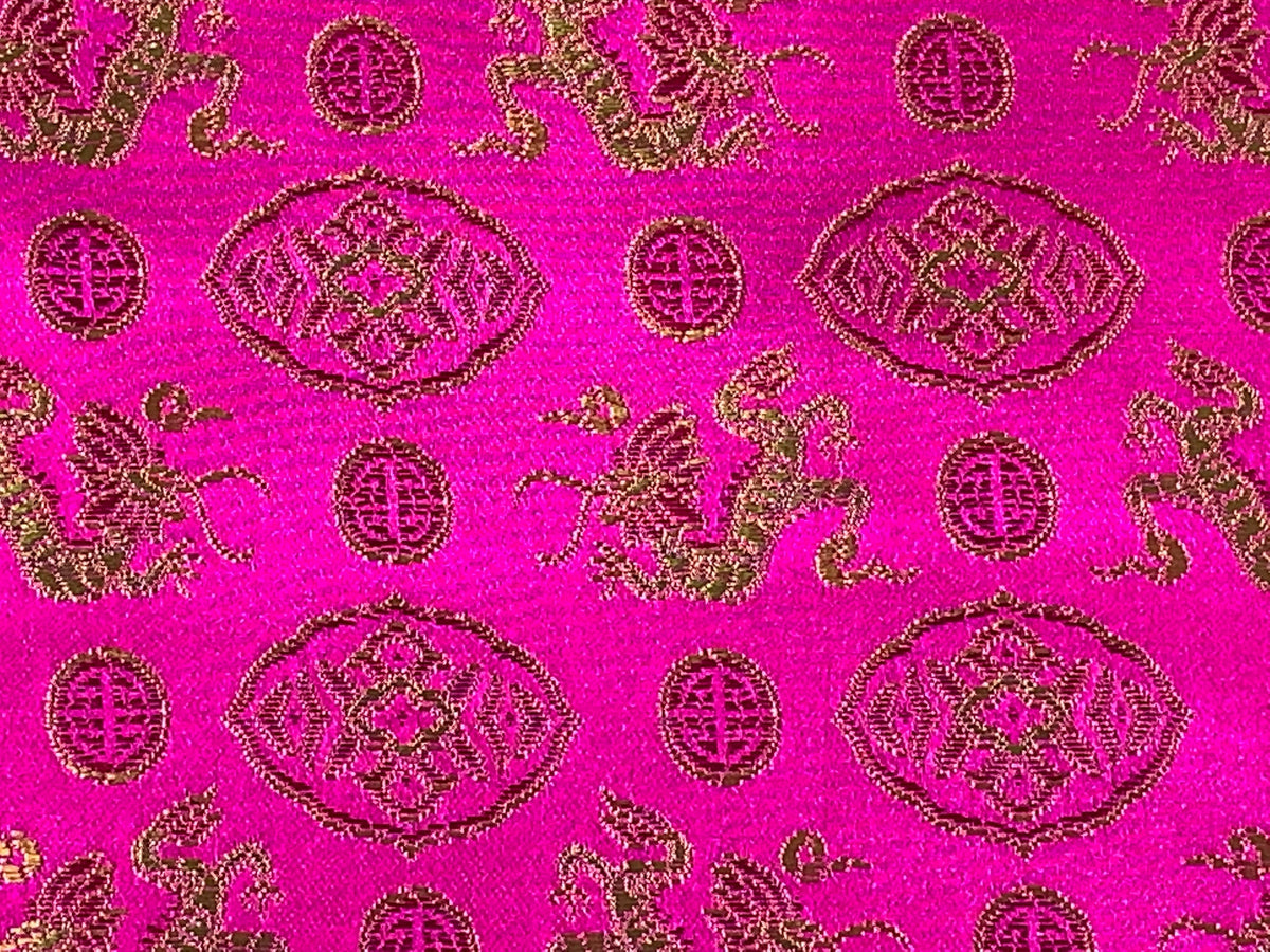 Chinese Brocade Embroidered Fabric by the YARD. Asian Satin Woven Fabric for Home Décor, Clothing, Craft. Pink/Gold Dragons & Medallions.