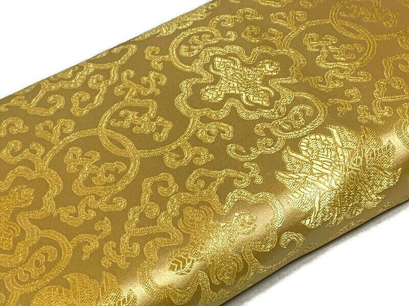 Chinese Brocade Embroidered Fabric by the YARD. Asian Style Satin Woven Fabric for Home Décor, Clothing, Craft. Tone on Tone Gold Floral