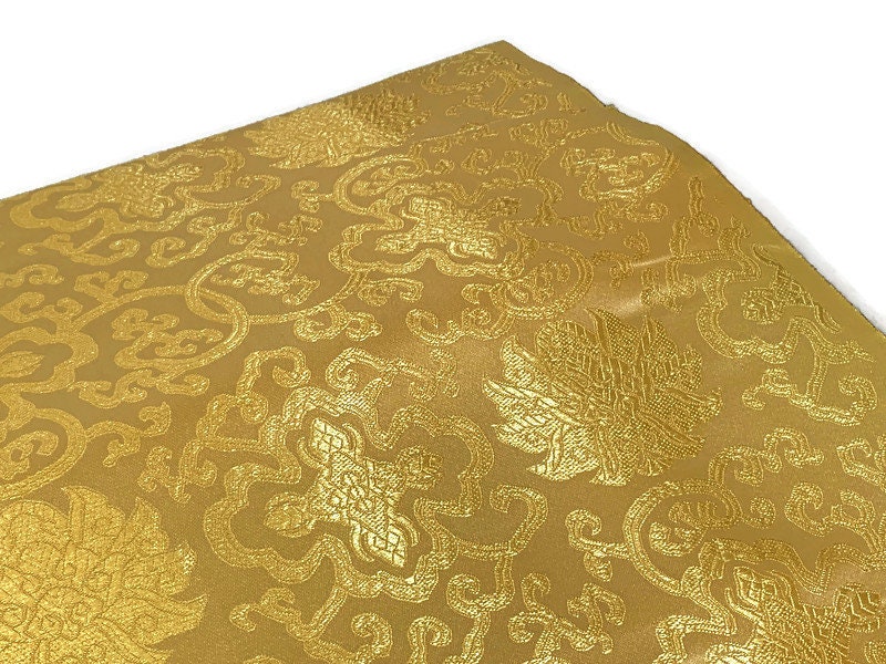Chinese Brocade Embroidered Fabric by the YARD. Asian Style Satin Woven Fabric for Home Décor, Clothing, Craft. Tone on Tone Gold Floral
