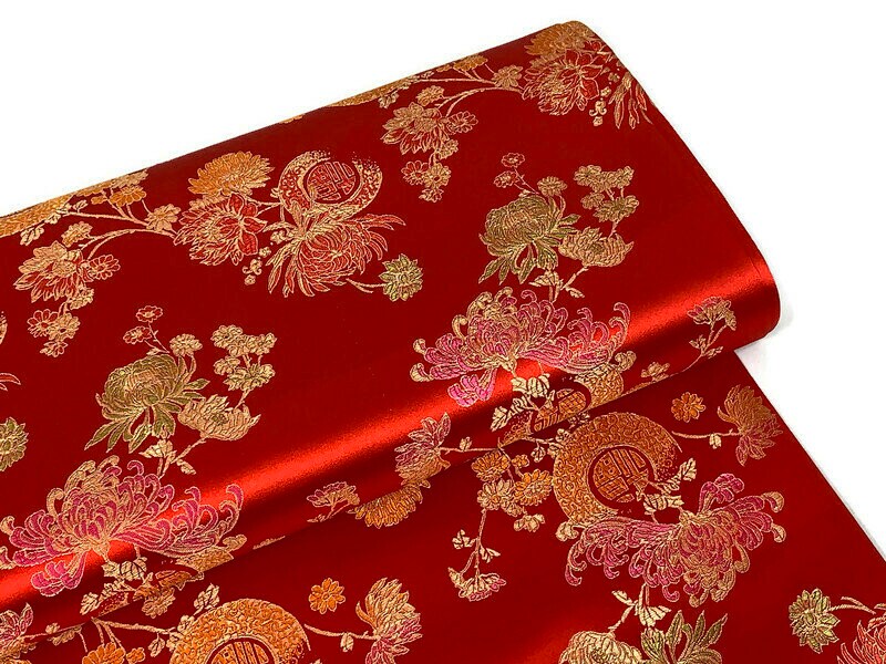 Chinese Brocade Embroidered Fabric by the YARD. Asian Style Satin Woven Fabric for Home Décor, Clothing, Craft. Red & Gold Floral Medallion