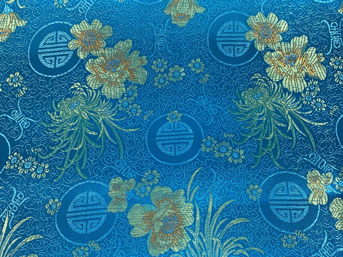 Chinese Brocade Embroidered Fabric by the YARD. Asian Style Satin Woven Fabric for Home Décor, Clothing, Craft. Turquoise Blue & Gold Floral
