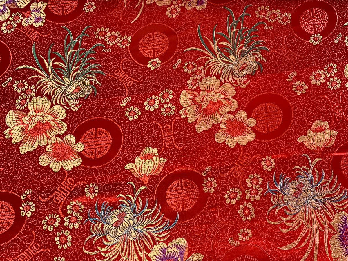 Chinese Brocade Embroidered Fabric by the YARD. Asian Style Satin Woven Fabric for Home Décor, Clothing, Craft. Red/Gold Floral & Medallions