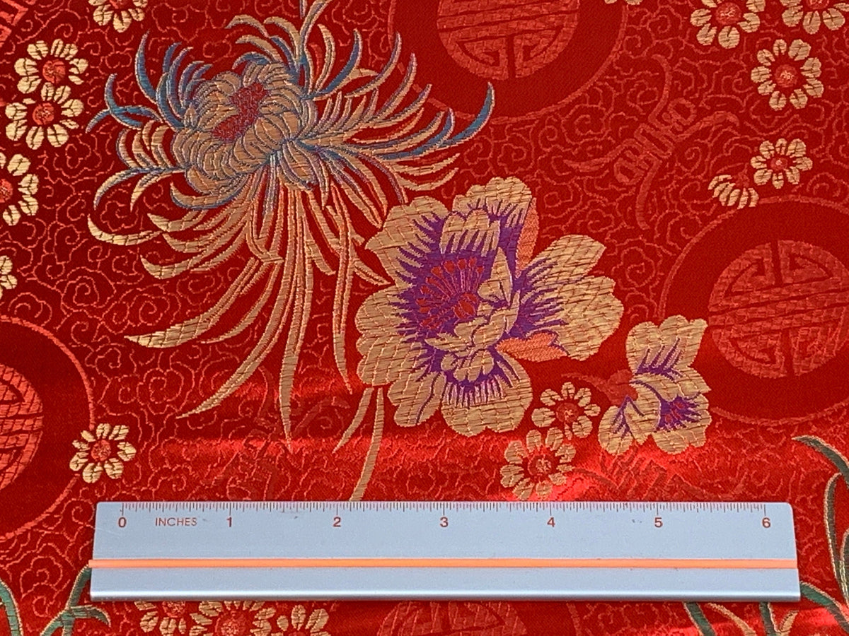 Chinese Brocade Embroidered Fabric by the YARD. Asian Style Satin Woven Fabric for Home Décor, Clothing, Craft. Red/Gold Floral & Medallions