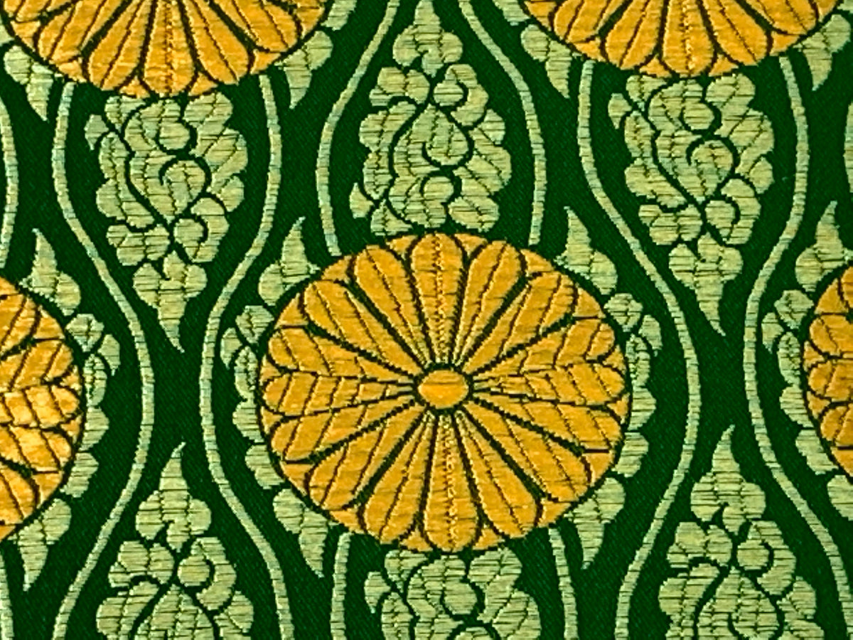 Chinese Brocade Embroidered Fabric by the YARD. Asian Satin Woven Fabric for Home Décor, Clothing, Craft. Emerald Green/Gold Floral Stripes