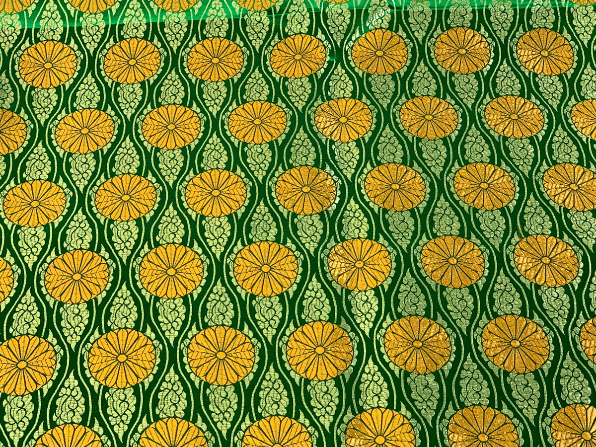 Chinese Brocade Embroidered Fabric by the YARD. Asian Satin Woven Fabric for Home Décor, Clothing, Craft. Emerald Green/Gold Floral Stripes