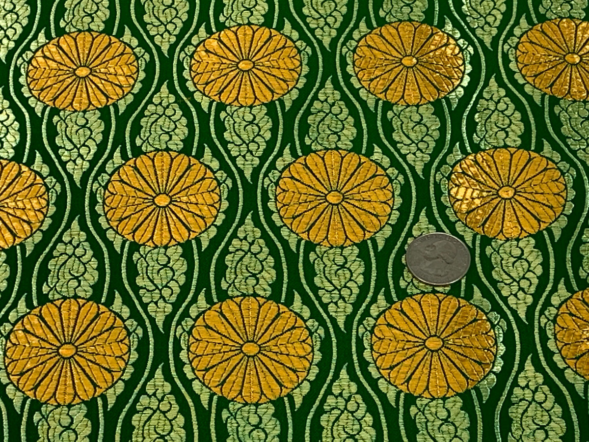 Chinese Brocade Embroidered Fabric by the YARD. Asian Satin Woven Fabric for Home Décor, Clothing, Craft. Emerald Green/Gold Floral Stripes
