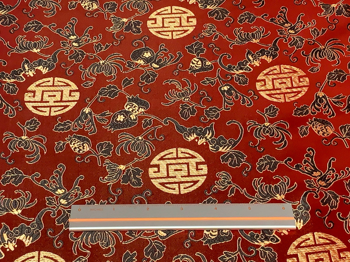 Chinese Brocade Embroidered Fabric by the YARD. Asian Style Satin Woven Fabric for Home Décor, Clothing, Craft. Red, Black, Gold Floral