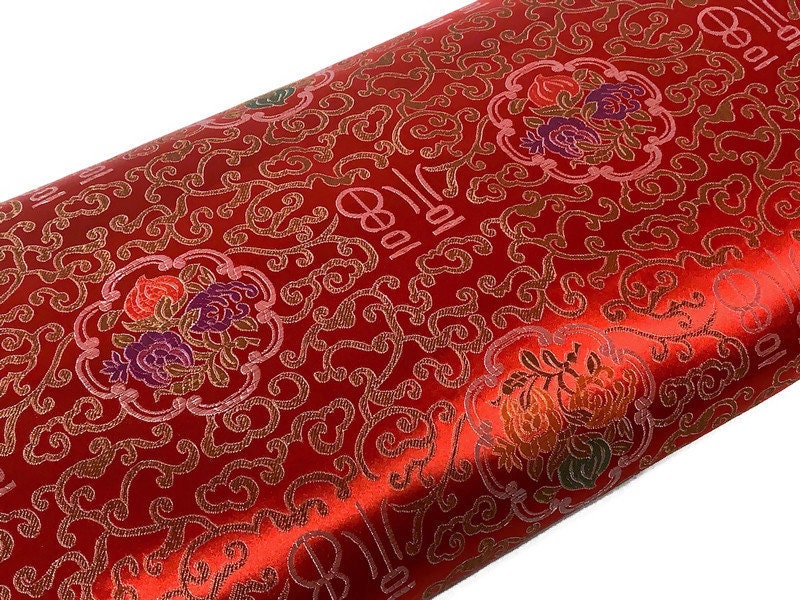 Chinese Brocade Embroidered Fabric by the YARD. Asian Style Satin Woven Fabric for Home Décor, Clothing, Craft. Red, Gold Scroll & Symbols
