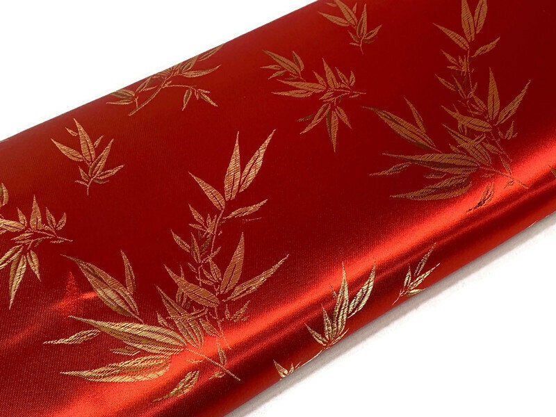 Chinese Brocade Embroidered Fabric by the YARD. Asian Style Satin Woven Fabric for Home Décor, Clothing, Craft. Red and Gold Bamboo Leaves