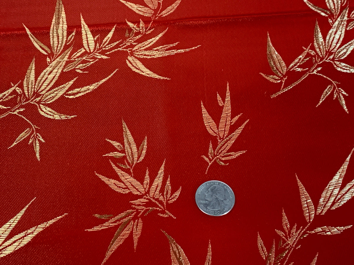 Chinese Brocade Embroidered Fabric by the YARD. Asian Style Satin Woven Fabric for Home Décor, Clothing, Craft. Red and Gold Bamboo Leaves