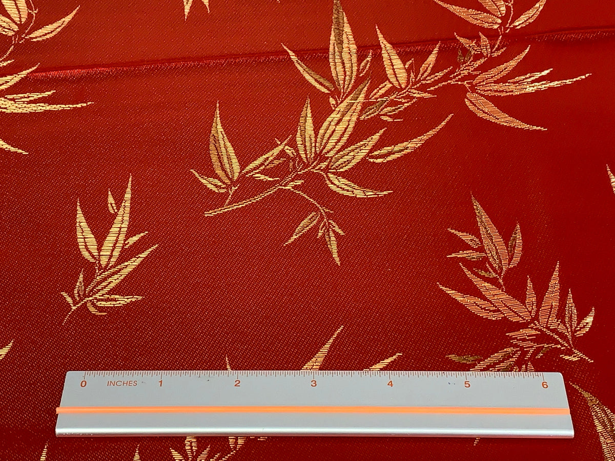 Chinese Brocade Embroidered Fabric by the YARD. Asian Style Satin Woven Fabric for Home Décor, Clothing, Craft. Red and Gold Bamboo Leaves