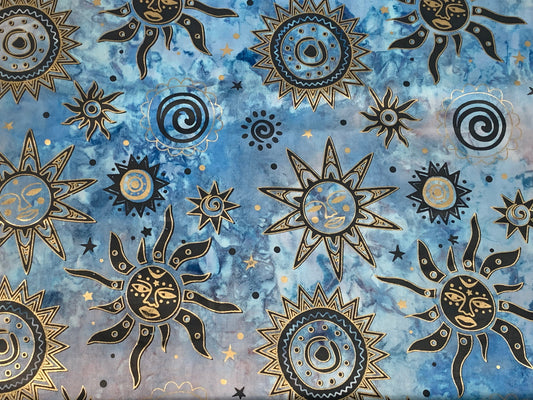 Indian Batik by the YARD Gray, Light Blue, Metallic Gold Celestial Print. Indian Hand Dyed 100% Cotton Quilt Fabric for Sewing, Apparel, Home Décor