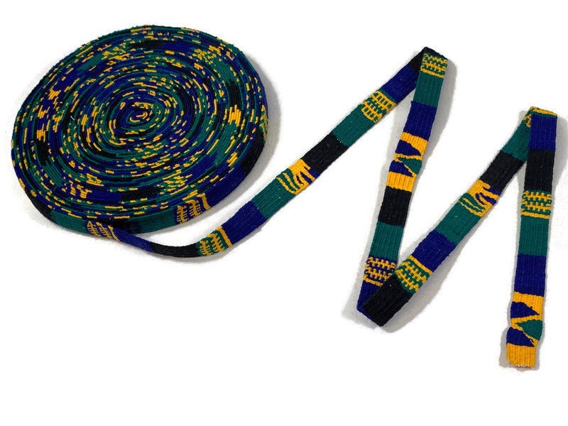Hand Woven 1/2" Wide Guatemalan Belt, Hat Band, Purse Strap, Sold by the YARD. Cotton Mayan Toto Textile in Blue/Green/Gold/Black Stripes