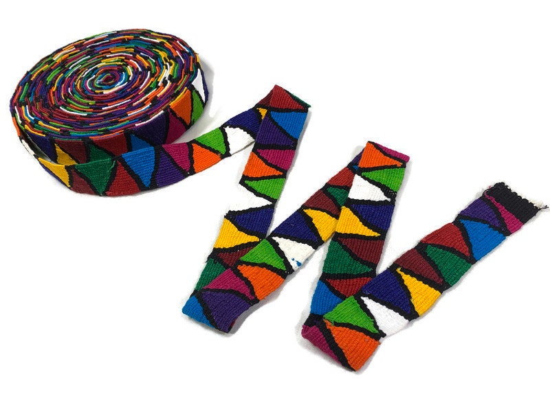 Hand Woven 1.5 Inch Wide Guatemalan Belt, Purse Strap, Sash by the YARD. 100% Cotton Mayan Toto Belt Textile in Rainbow/Black Triangles
