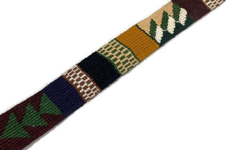 Hand Woven 1.25" Wide Guatemalan Belt, Purse Strap, Sash Sold by the YARD. Cotton Mayan Toto Textile Extra Fancy Weave Trees Green/Brown/Tan