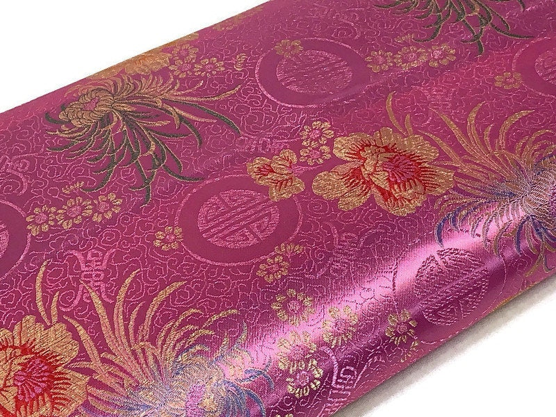 Chinese Brocade Embroidered Fabric by the YARD. Asian Style Satin Woven Fabric for Home Décor, Clothing, Craft. Pink Floral and Medallions.