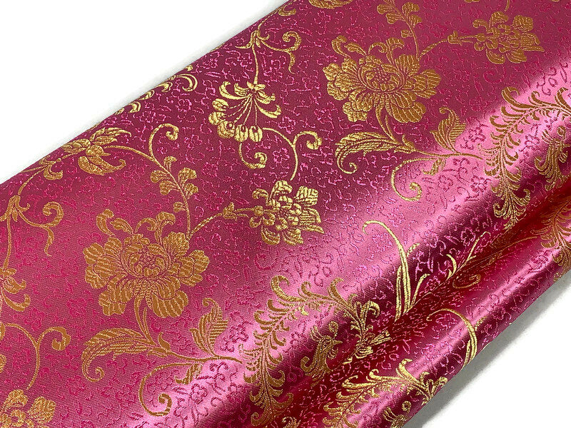Chinese Brocade Embroidered Fabric by the YARD. Asian Style Satin Woven Fabric for Home Décor, Clothing, Craft. Light Pink & Gold Floral.